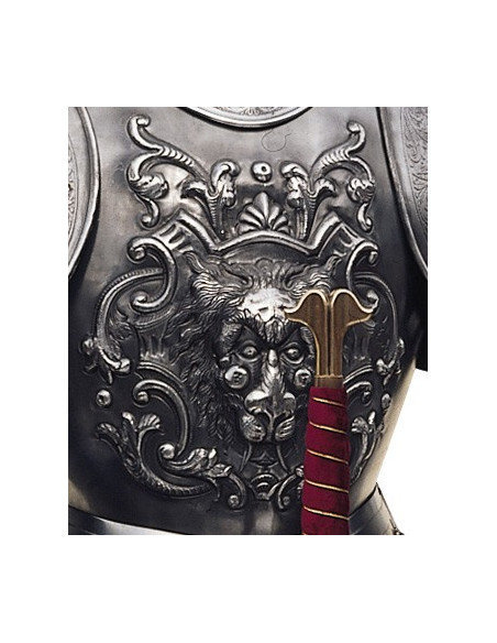 Armure naturelle en argent avec gravures, costume de grenat et épée dans ses mains
