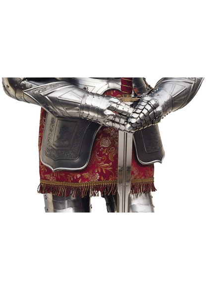 Armure naturelle en argent avec gravures, costume de grenat et épée dans ses mains