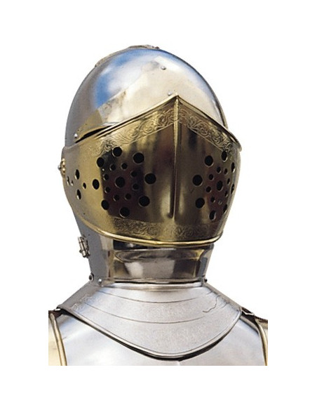 Armure naturelle en argent et or avec gravures, costume de grenat et épée dans ses mains