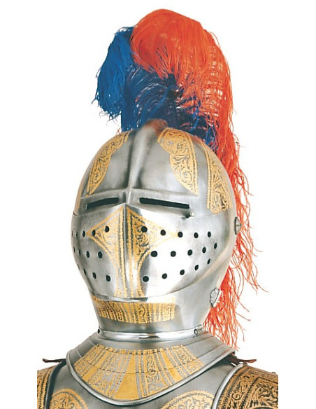 Armure naturelle en argent avec gravures dorées et épée dans les mains