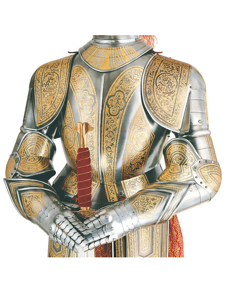 Armure naturelle en argent avec gravures dorées et épée dans les mains
