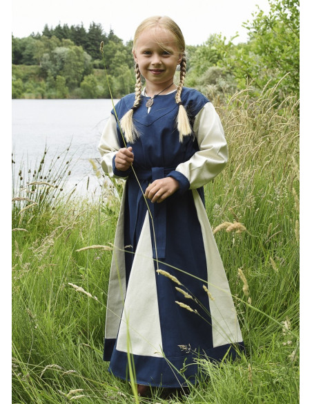 Robe viking fille, Solveig bleu-blanc