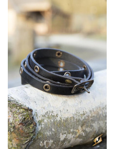 Bracelet multi lanières en cuir noir, 125 cm.