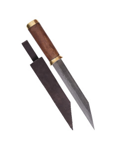 Couteau Seax lame acier damas, fourreau daim marron 2