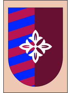Bannière médiévale rouge-grenat-bleu avec fleur de lys...