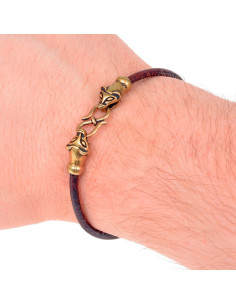 Bracelet viking en cuir marron et tête de belette bronze