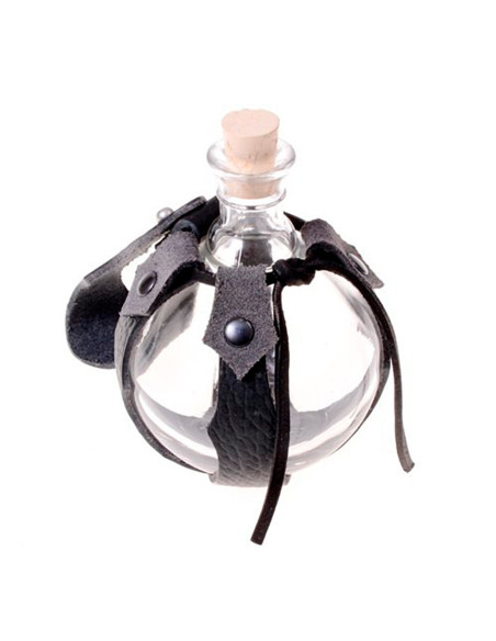 Flacon en verre avec baudrier en cuir...
