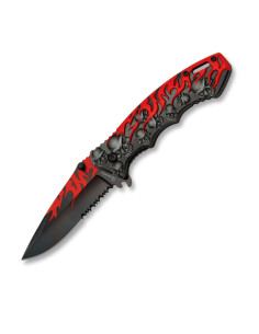 Canif tête de mort rouge-noir et flammes, lame 8,20 cm.