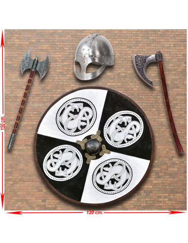Panoplie d'armes Viking avec bouclier, haches et casque
