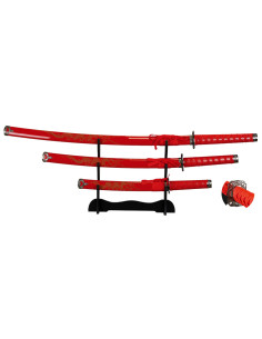 Ensemble de 3 katanas Dragon rouge avec support de bureau