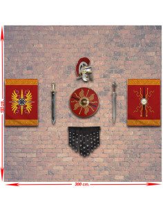 Panoplie d'armes des légions romaines. bannières, bouclier, gladius, casque et cingulum