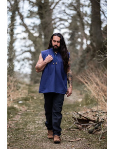 Chemise médiévale bleue sans manches, modèle Louis 2