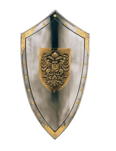 Bouclier avec gravure dorée d'aigles et clous autour
