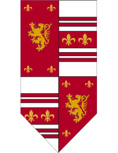 Bannière médiévale écartelée avec lion rampant et fleur...