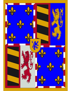 Banderole médiévale lions de gibier écartelés, fleur de...