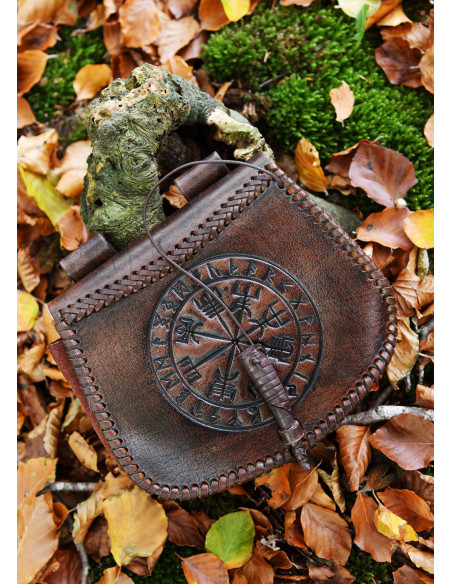Sac Celtic Vegvisir en cuir marron, à...