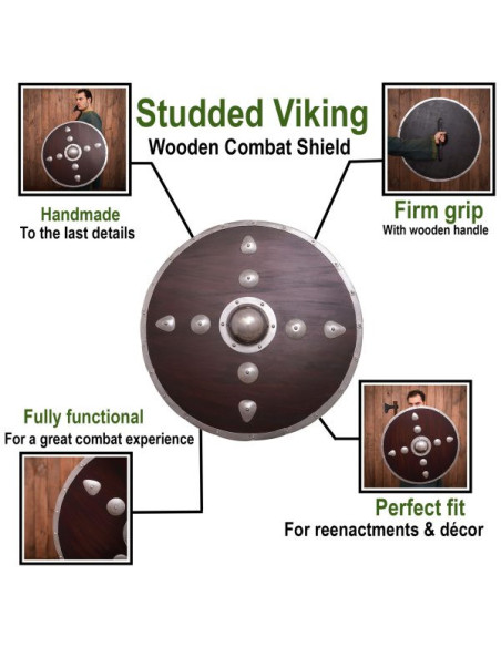 Bouclier rond viking en bois avec clous