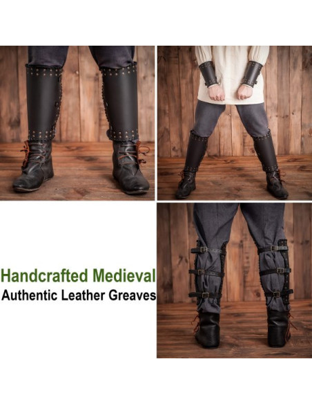 Viking greaves cuir noir véritable...