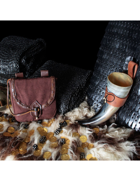 Sac médiéval en toile et cuir avec...