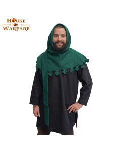 Capuche médiévale en laine avec queue de Liripipe en vert (XIVe-XVe siècles)