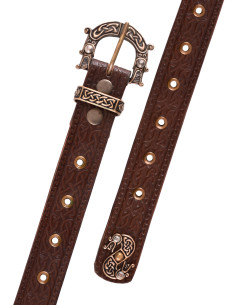 Ceinture noeuds celtiques et serpent en cuir marron, 170 cm.