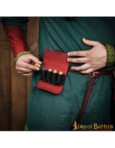 Sac du druide avec 4 récipients pour potions magiques - grenat