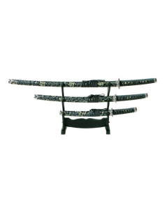 Ensemble ornemental avec Katana bleui, wakizashi et tanto