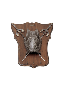 Panoplie médiévale, type porte-clés, avec 2 épées et...