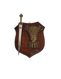 Panoplie d'armes avec glaive épée et lorica romaine...