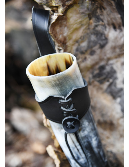Baudrier en cuir noir pour cor viking