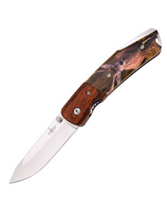 Couteau de chasse design Cerf, manche en bois et ABS...