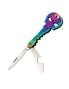 Porte-clés tête de mort, couteau et décapsuleur bleu