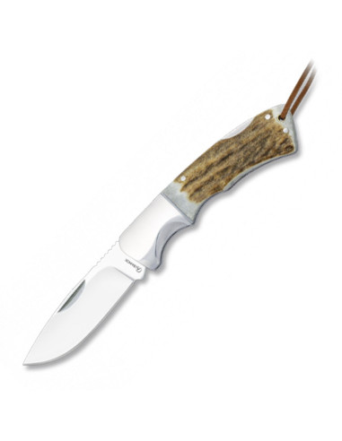 Couteau manche bois de cerf et mitre acier, lame 8 cm.