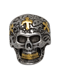 Bague en acier tête de mort avec croix dorées