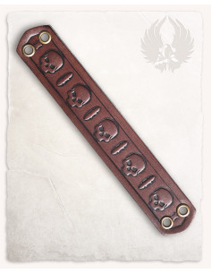 Petit bracelet gothique têtes de mort et épées, cuir marron