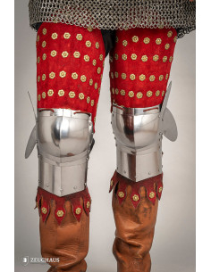 Armure de jambe médiévale en acier et cuir rouge