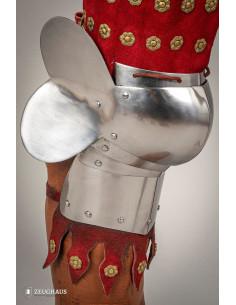 Armure de jambe médiévale en acier et cuir rouge 2
