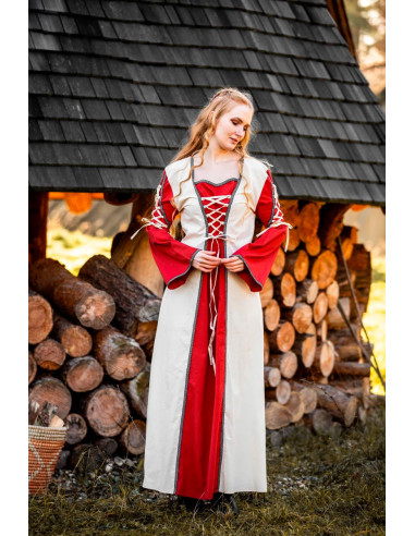 Robe médiévale modèle Amalia, Naturel-Rouge