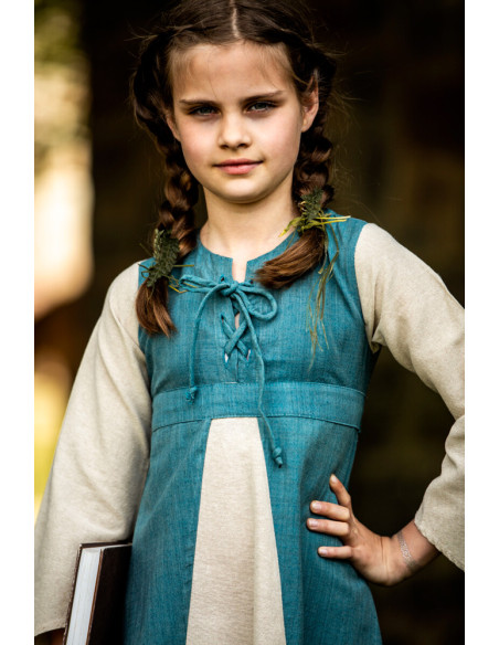 Robe médiévale fille Elsa en bleu-beige