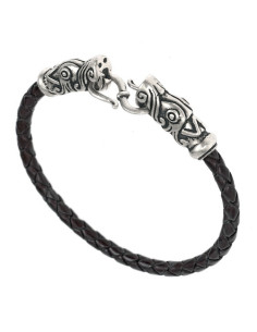 Bracelet tressé viking Gotland en argent sur cuir noir