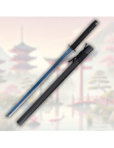 Katana décorative lame en acier finition titane bleu