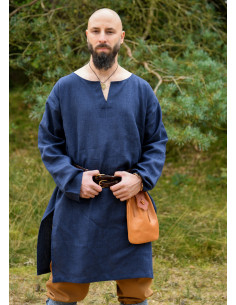 Tunique longue viking en lin, couleur bleu foncé