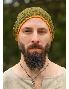 Bonnet en laine au crochet, vert-jaune