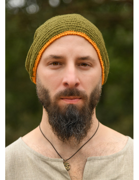 Bonnet en laine au crochet, vert-jaune