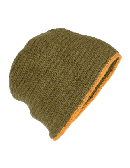 Bonnet en laine au crochet, vert-jaune