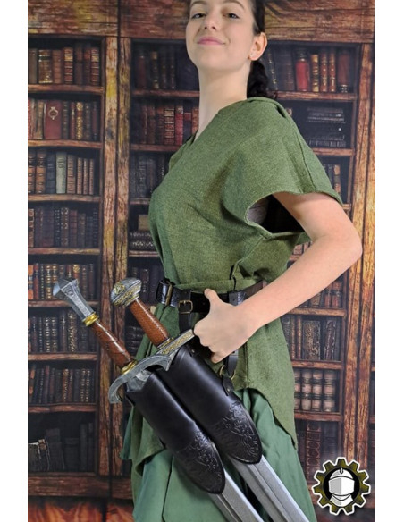 Tahalí médiéval double en cuir noir...