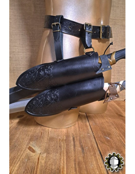 Tahalí médiéval double en cuir noir...