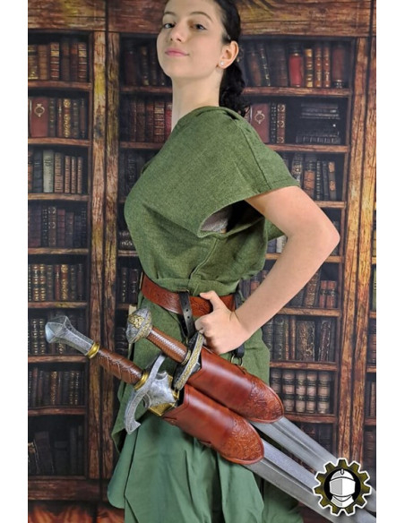 Tahalí médiéval double en cuir marron...