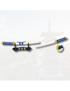 Katana décorative miniature avec support, couleur bleu-blanc