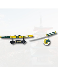 Katana décorative miniature avec support, couleur noir-jaune